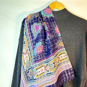 Chaudry Kc India NWT Navy Lavender Silver Lurex Botanical Print 40" Square Scarf